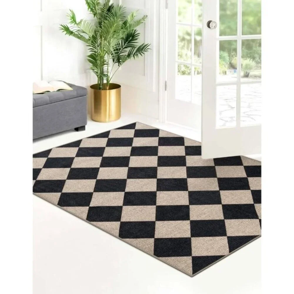 3x5 Checkered Jute Area Rug, Washable Non-Slip Indoor, Outdoor Carpet in Black